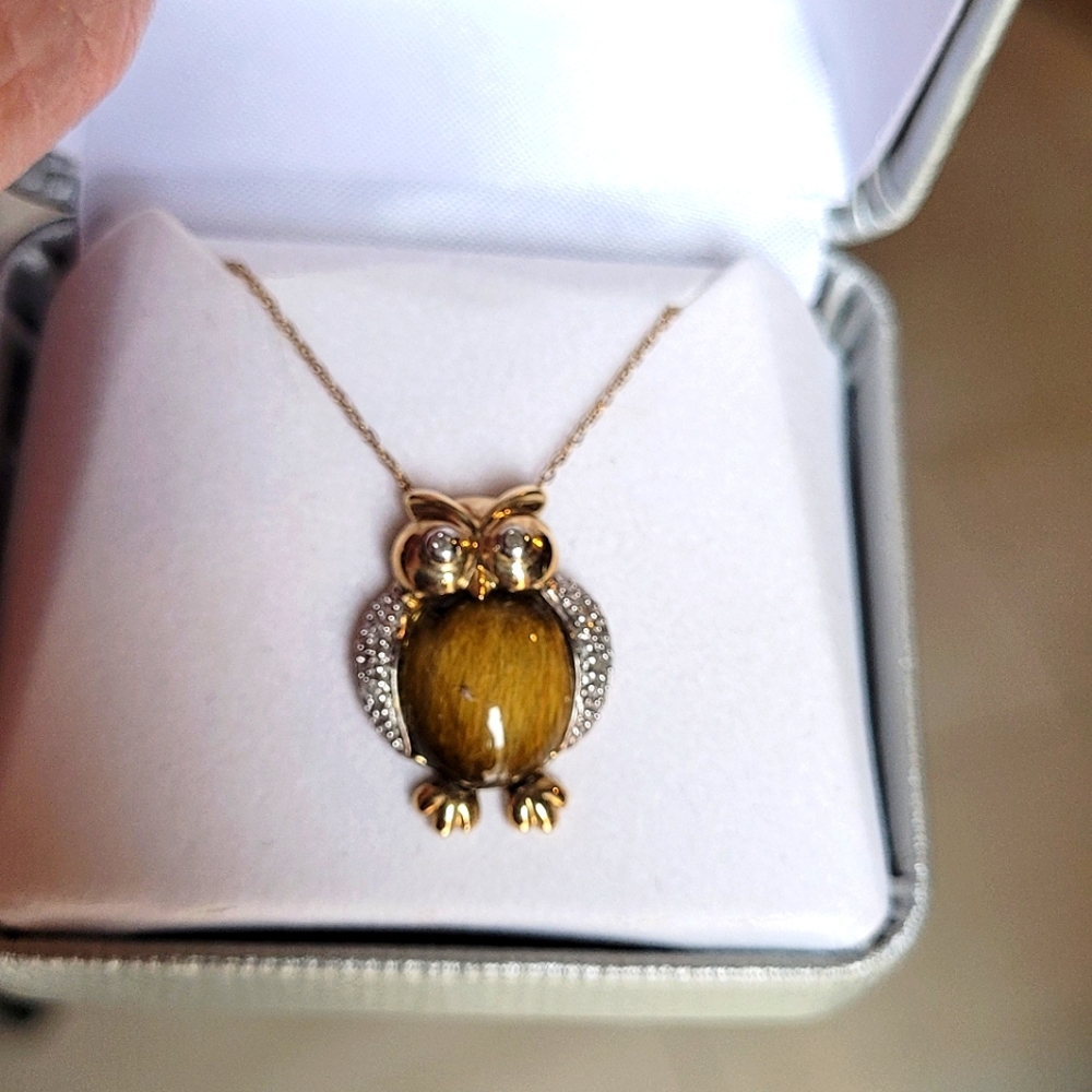 Genuine Tiger Eye Owl with diamond accents